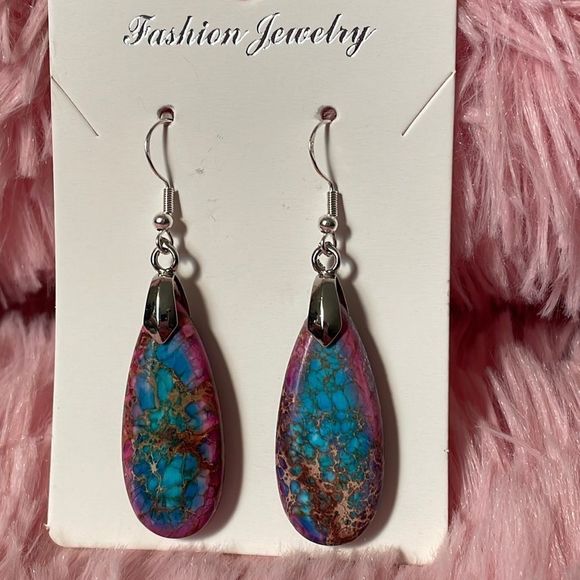New Gorgeous Emperor Stone Drop Earrings Pink Purple Blue Semi Precious Boho - Picture 4 of 5